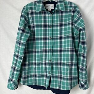 Orvis Fleece Lined Flannel Shirt Jacket Blue Green Metal Snaps Size Large Womens